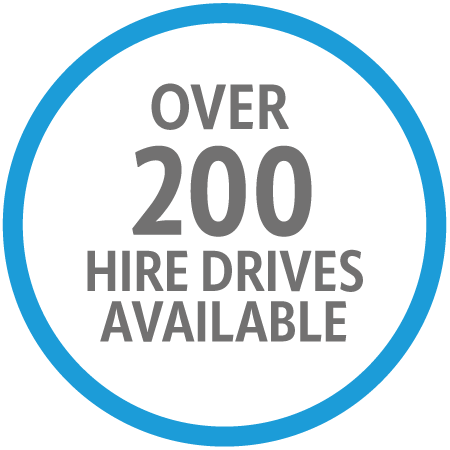 Over 200 Hire Drives Available Graphic, Circle with Blue outline and white background