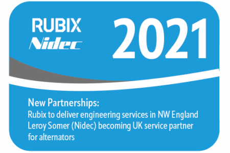 Graphic showing date 2021. New partnerships Leroy-somer and rubix