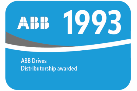 Graphic showing date 1993. ABB drives distributorship awarded